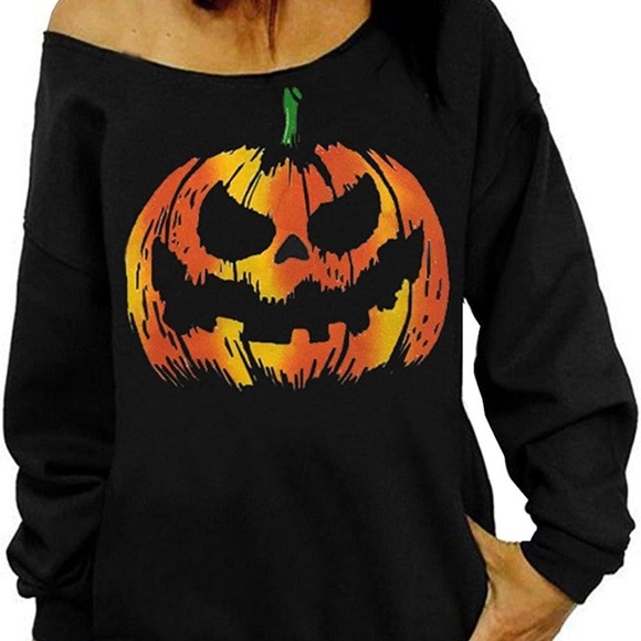 Tops - Women Halloween Off Shoulder Sweatshirt Slouchy Witch Shirt Long Sleeve